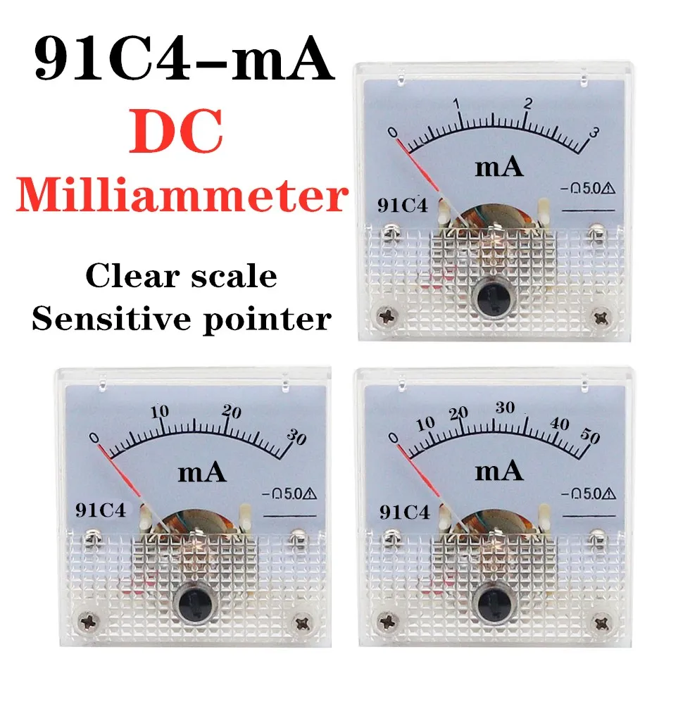 

91C4- mA DC Pointer type milliammeter 1mA 5mA 10mA 50mA 100mA 200mA 300mA 500mA Analog Mechanics Plate table Ammeter