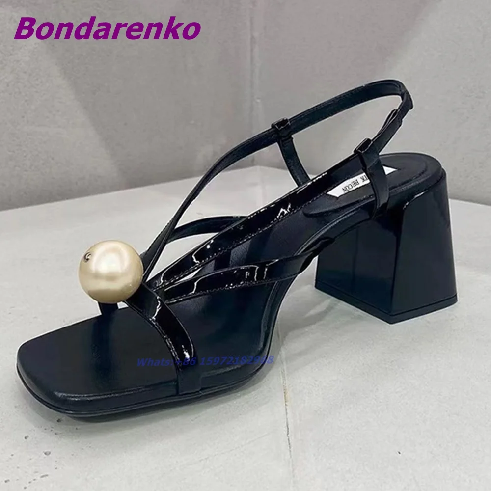 

Patent Pearl Straps Sandals Square Toe Hollow Sexy Summer Shoes Slingback Chunky Heel Solid Sandals Women Party Dress Shoe Black