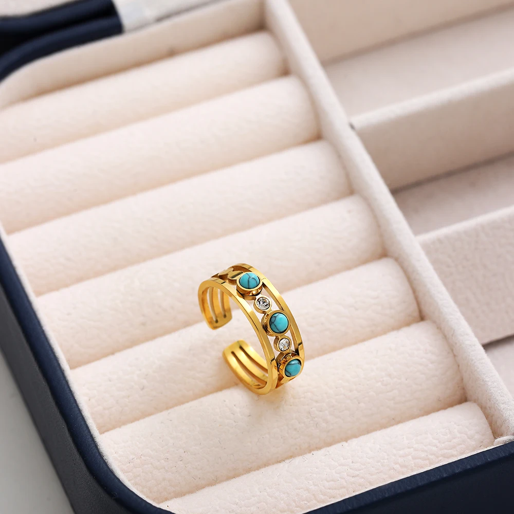 Retro Manual Natural Blue Turquoise Stone Rings for Women Girls 18K Gold Plated Rhinestone Evil Eye Luxury Designer Jewelry Gift