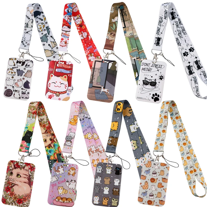 Cute Kitten Cats Art Cartoon Anime Fashion Lanyards Bus ID Name Work Card Holder Accessories Decorations Kids Gifts christmas cats lanyard credit card id holder bag student women travel card cover badge car keychain decorations gifts