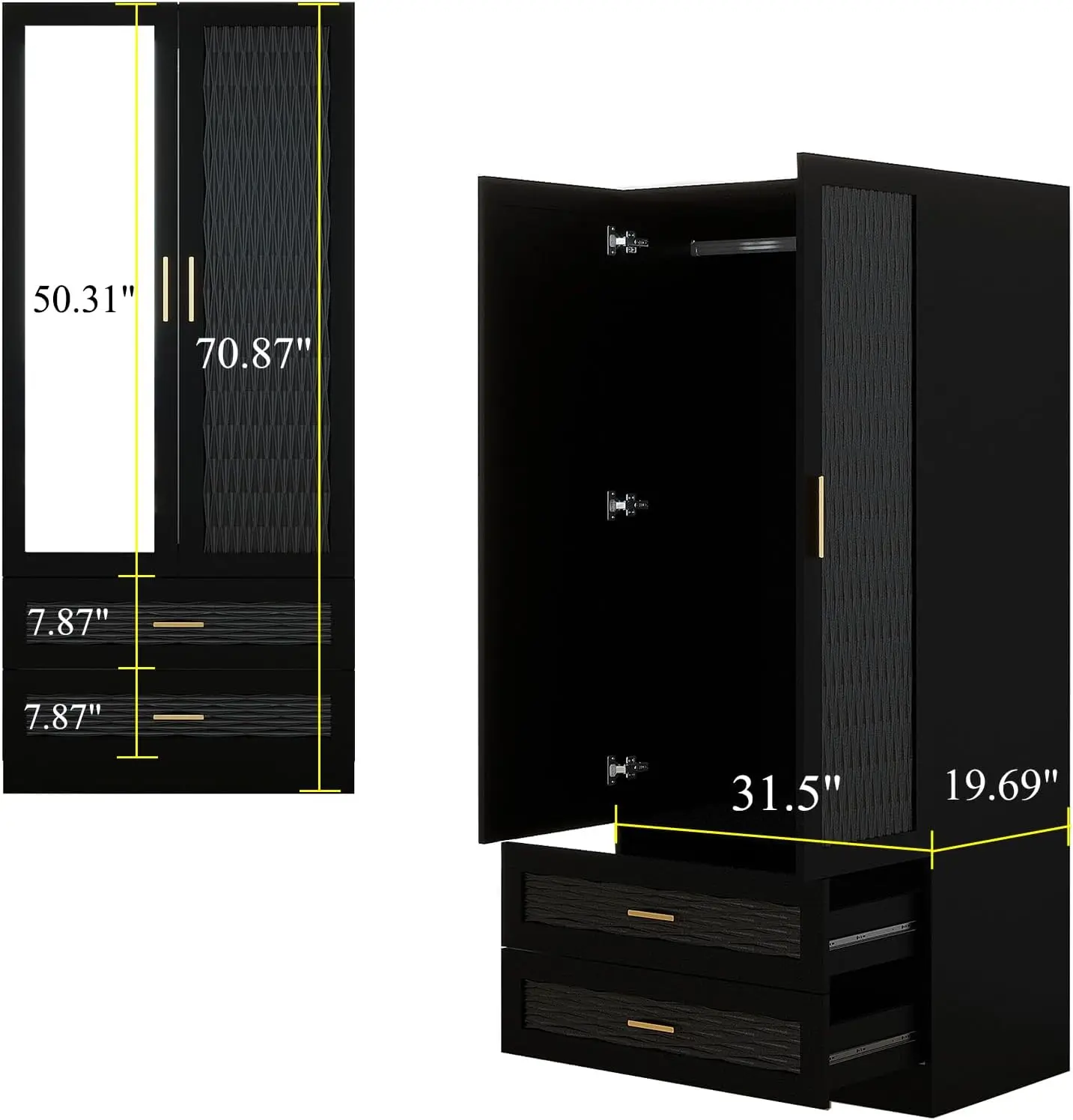 Wood Armoire Wardrobe Closet with Mirror, Storage Cabinet Bedroom Freestanding Wardrobe Combination for Hanging , Black 70.47”H 3