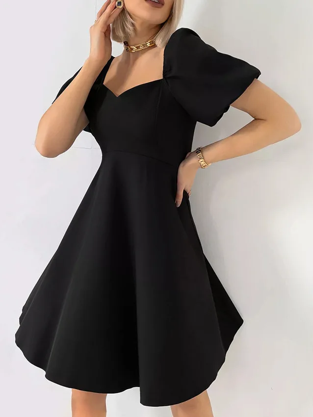 

Y2K Female Casual A-Line Vestidos Women Elegant Short Puff Sleeve Solid Party Robe Square Neck Mini Dress Oversized