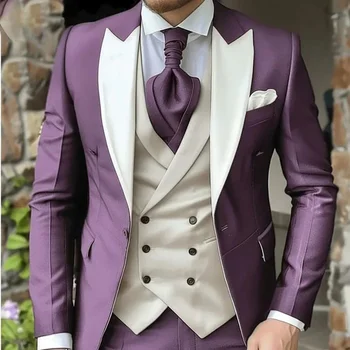Elegante matrimonio 3 pezzi giacca pantaloni gilet set completo lusso monopetto picco risvolto viola abbigliamento maschile abiti da uomo blazer