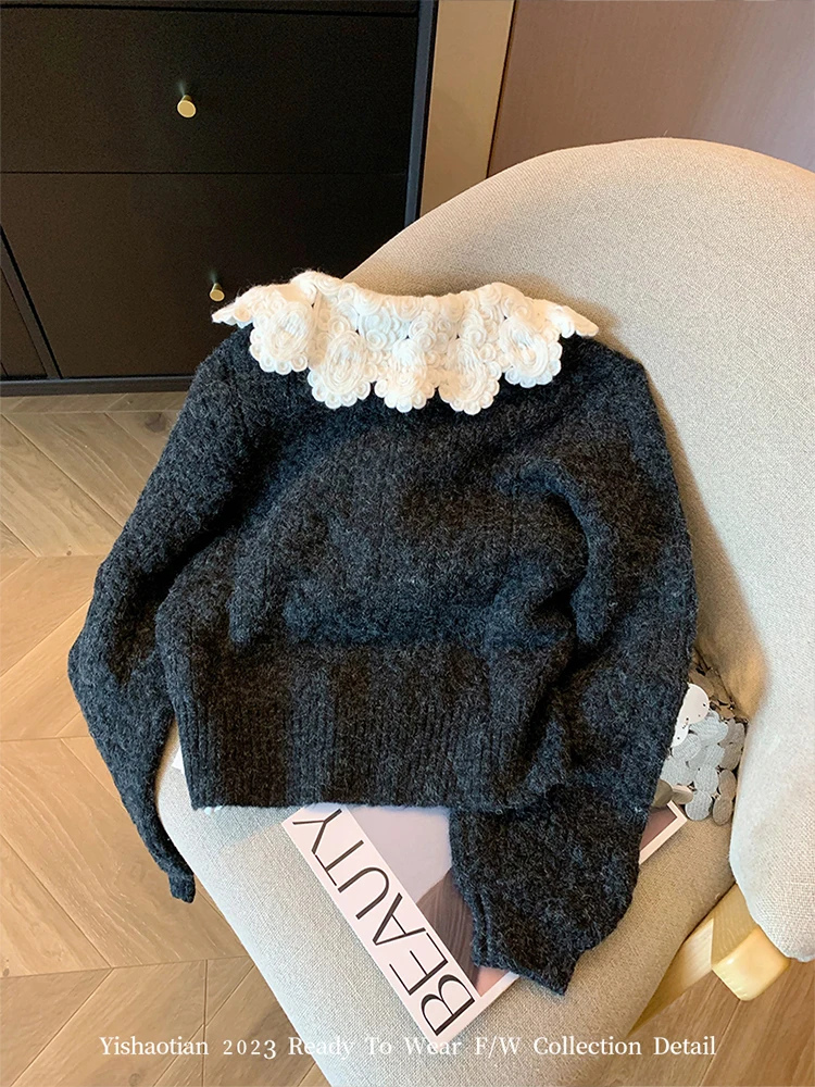 프랑스어 피터팬 칼라 럭셔리 가디건 레이스 업 슬림 세련된 여성의 새로운 니트웨어 2023 가을 겨울 streetwear 일본 패션