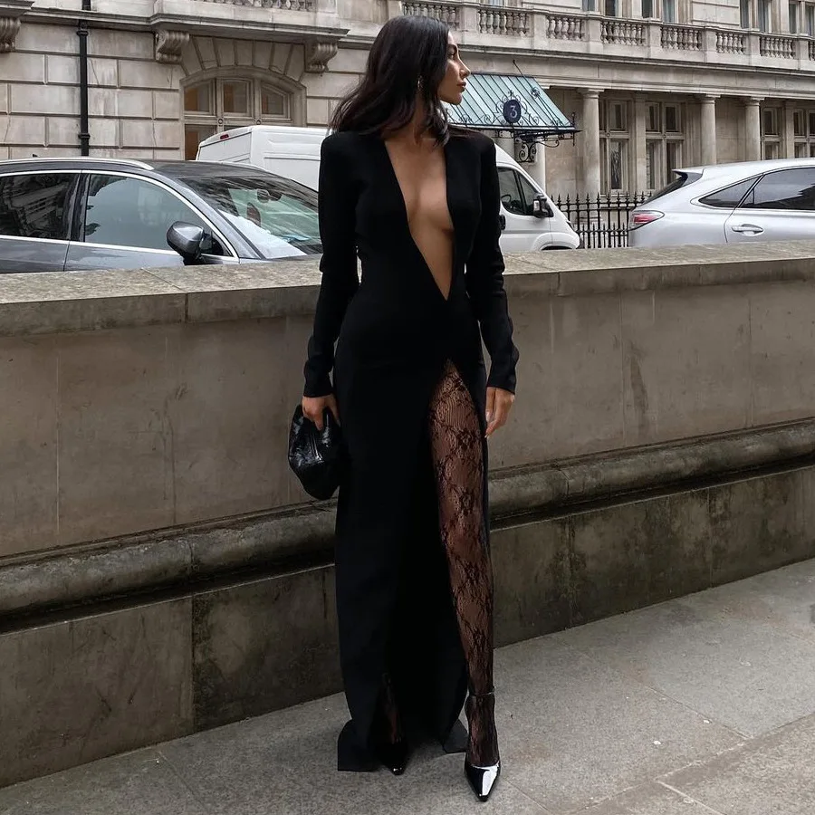 Black V-Neck Hollow Out Maxi Dress Women's Sexy Slim High Split Long Sleeve Party Dress Fashion See-Through Long Dress New
