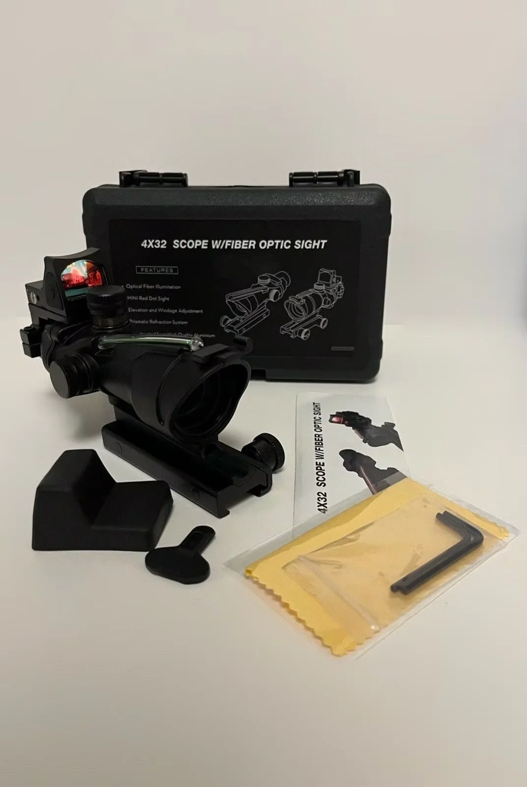 4X32 Real Fiber Optics Tactical Optical Sight Scope 4X Red Green Illuminated Red Dot Hunting Sight 5mw Laser Aluminum