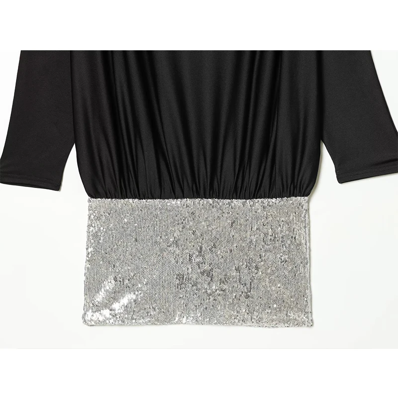 Women Fashion Sequin Splice Elegant Short Dress Spring New Long Sleeve Slash Neck Mini Dress Female Club Party Dresses