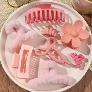 8Pcs Autumn Winter Pink Fashion Hair Accessories for Women 4.9Inch Large Hair Claw Clips,Matte Banana Clip,Strong Hold Jaw Clip 1
