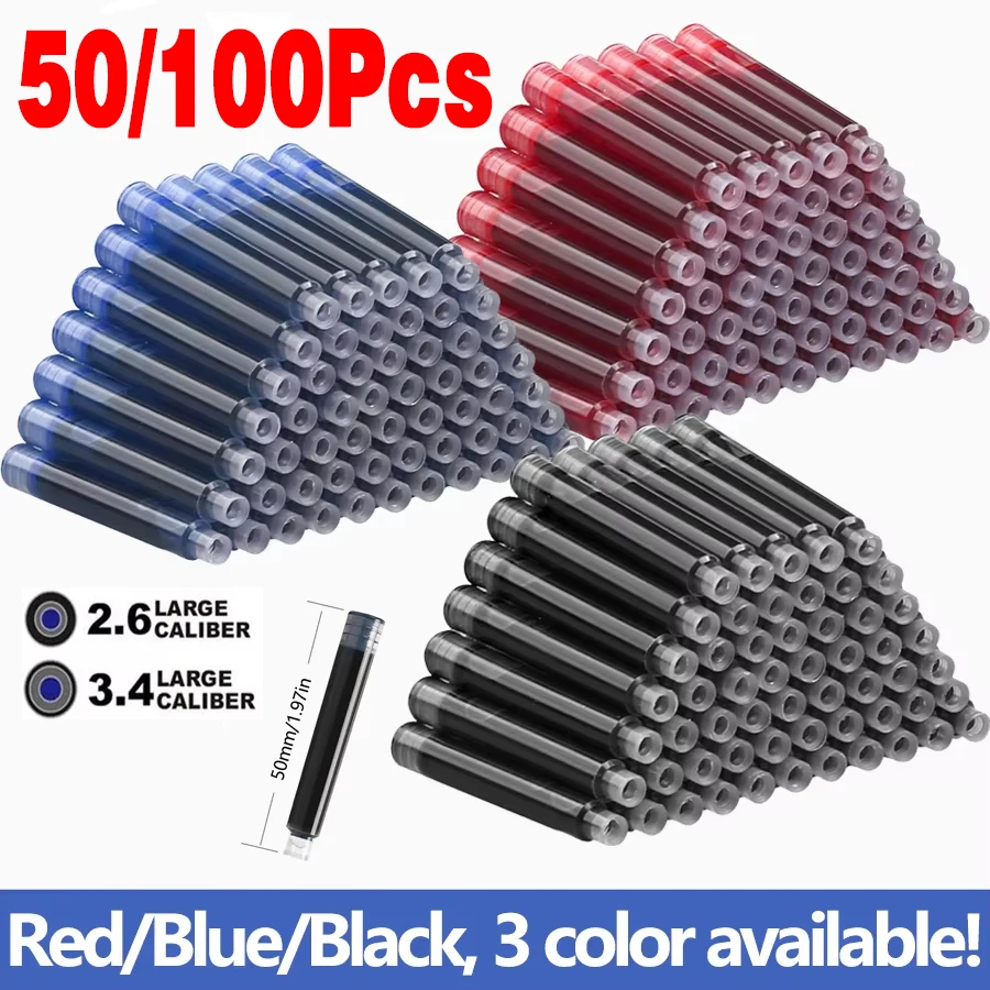 50/100개 만년필 잉크 카트리지 세트 - 블랙 블루 레드 2.6/3.4mm 고품질 리필로 부드러운 필기 가능