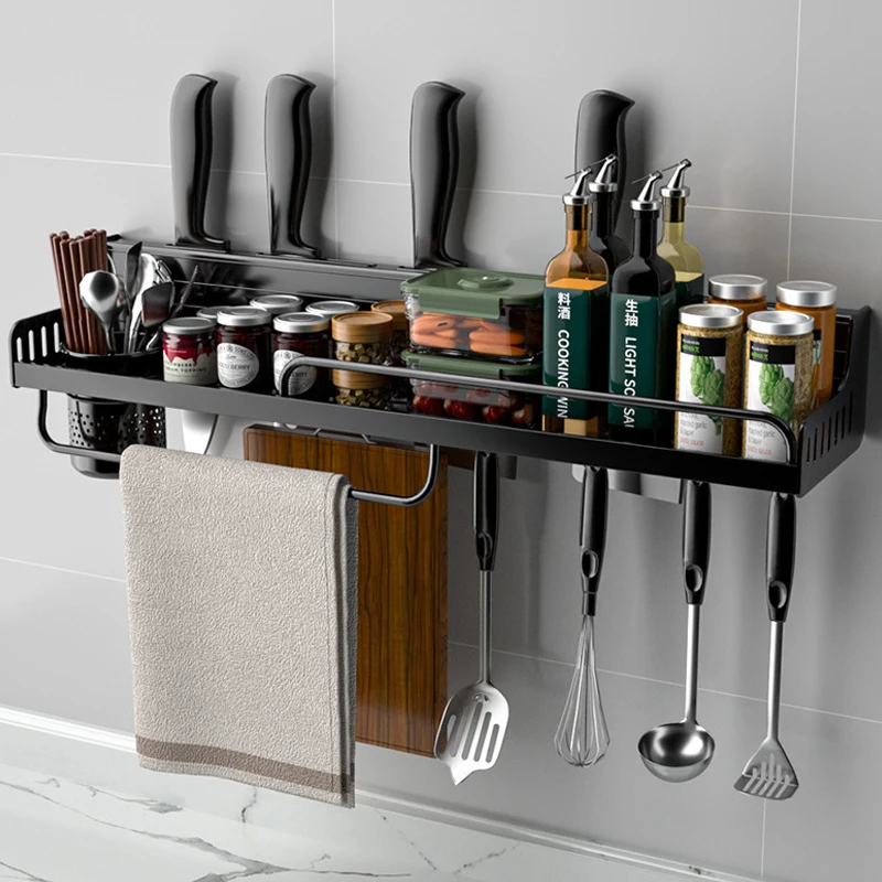 Kitchen Spice Rack Multifunctional Storage Rack Knife Spoon Spice Organizer Aluminum Wallmounted Kitchen Shelf Organizer
