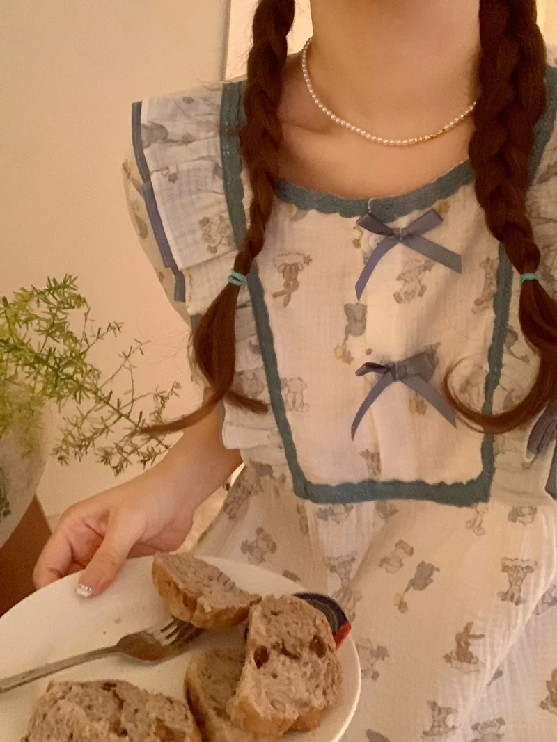 Stampa Cartoon Summer Princess Lace Ins Stile da ragazzina Carino pigiama corto con maniche Set Pama Donna Elegante Casual Due_voghion.com