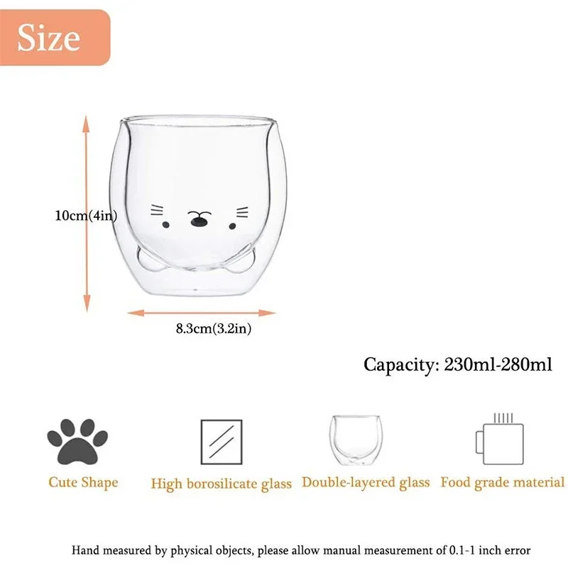 Lovely Glass Mug Transparent Double-Layer Coffee Mug Cartoon Bear Cat Prevent Scald Glass Cup Breakfast Milk Lemon Juice Cup Mug