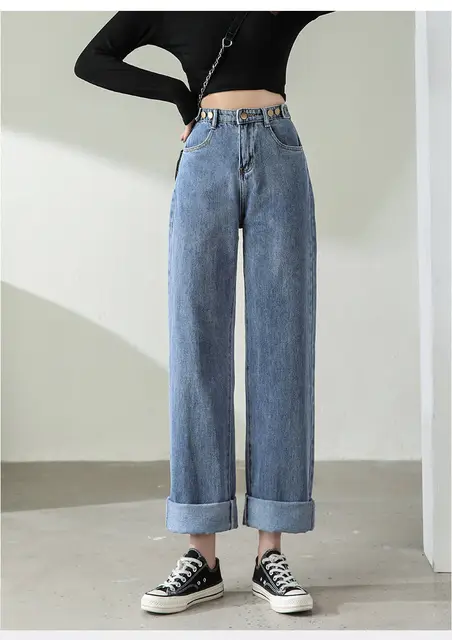 Metal Jeans Buttons Jeans Trousers Women's Jeans Long Y2k Trousers for  Girls Designer High Waist Loose Wide Leg Black Slit Pants