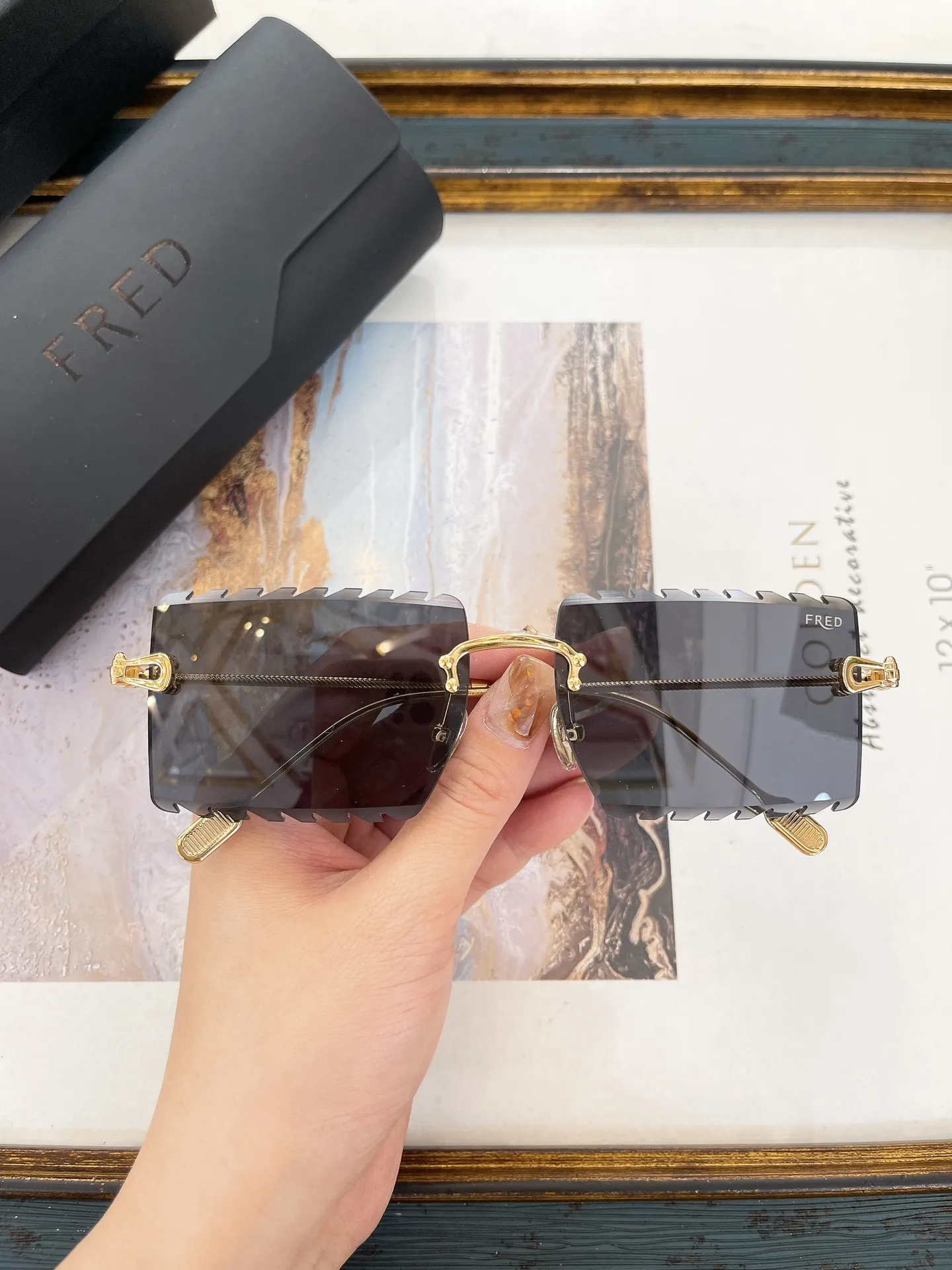 

TOM FRED GOLD PLATED FG50148U Popular Rectangle Rimless Men Sunglasses Leisure Premium Anti-Reflective Women Couple Eyewear