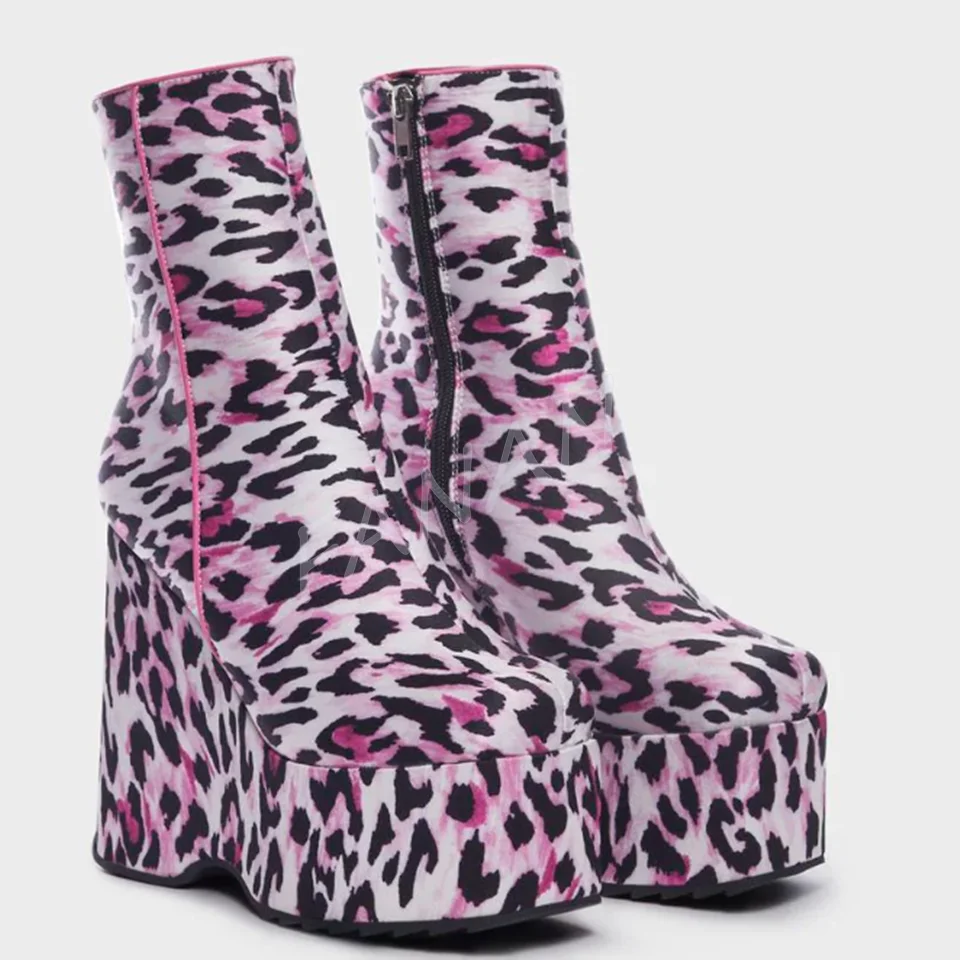 

Pink Leopard Punk Boots Platform Side Zipper Wedges High Heel Shoes for Women High heel High Heels 2023 New Zapatos Para Mujere