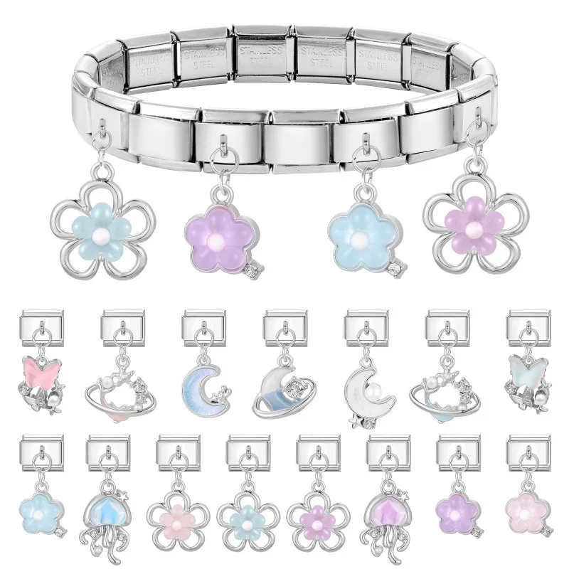 Vintage Glitter Pendant Italian Charm Links Fit 9MM Stainless Steel Bracelet