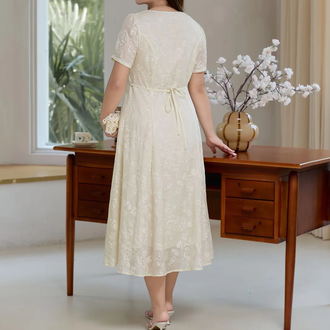 Square Collar Pleated Waist Embossed Chiffon Dress Plus Size Women Summer Premium French Commuter Puff Sleeve A-Line Dresses