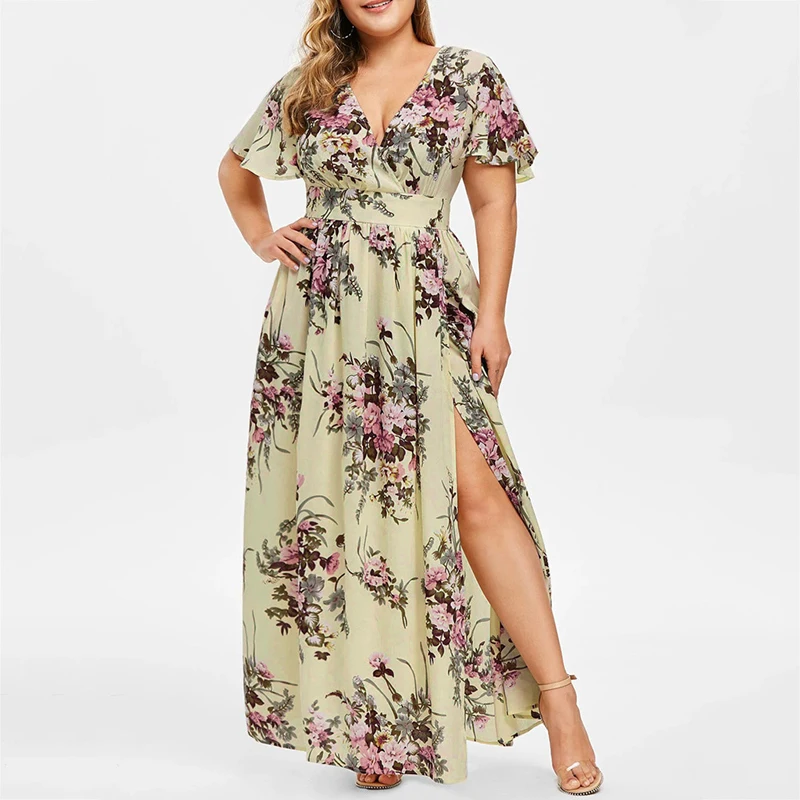 

Printed Dress Spring Summer New Women Clothing Waist Slim Zipper Hem Slit Fashion Dresses Female Oversized 5XL Loose Dress 2022