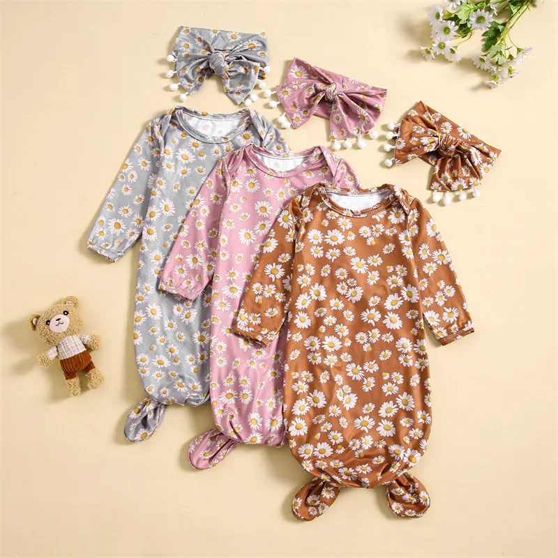 

0-6Months Newborn Baby Girl Sleeping Bags Infant Boys Girls Floral Print Wearable Blanket Swaddle Sleep Bag and Headband Sets