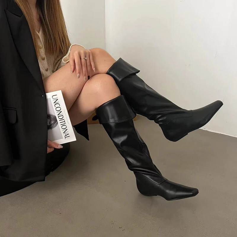 ZOOKERLIN Pointed Genuine Leather Mixed Color Women's Boots Flats Shoes Slim Elastic Boots Fashion Niche Design Long Tube Boots