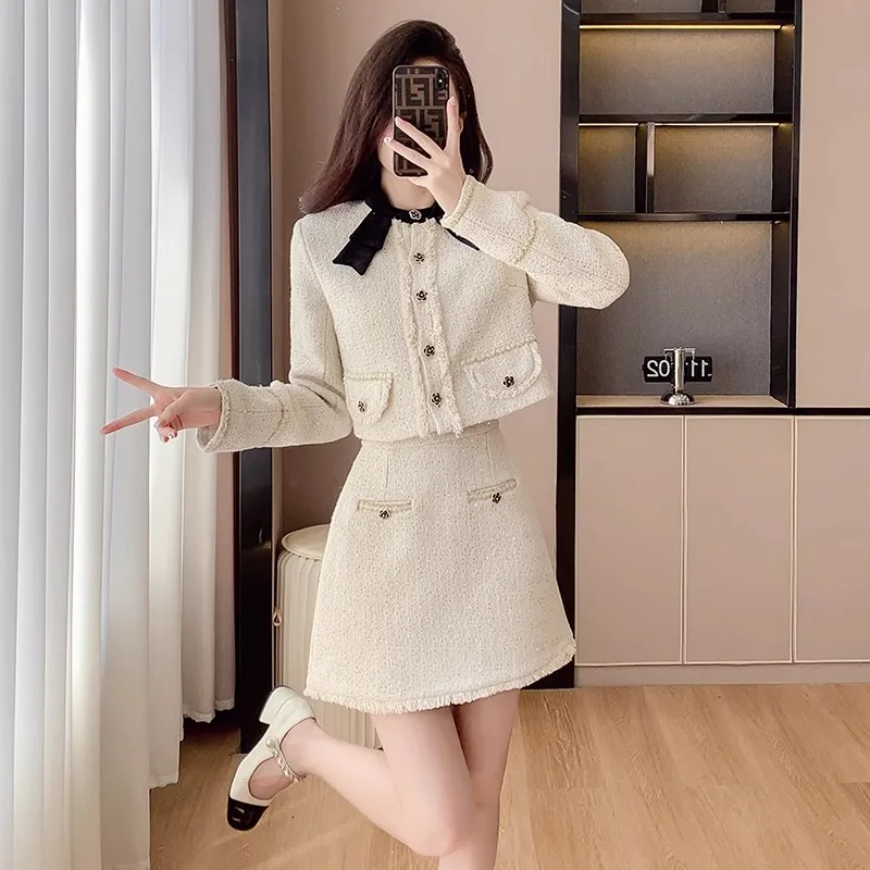 

Short Tweed Coat Tassel Cardigan Mini A-line Skirt Two Piece Set Korean Chic Vintage Autumn Jacket