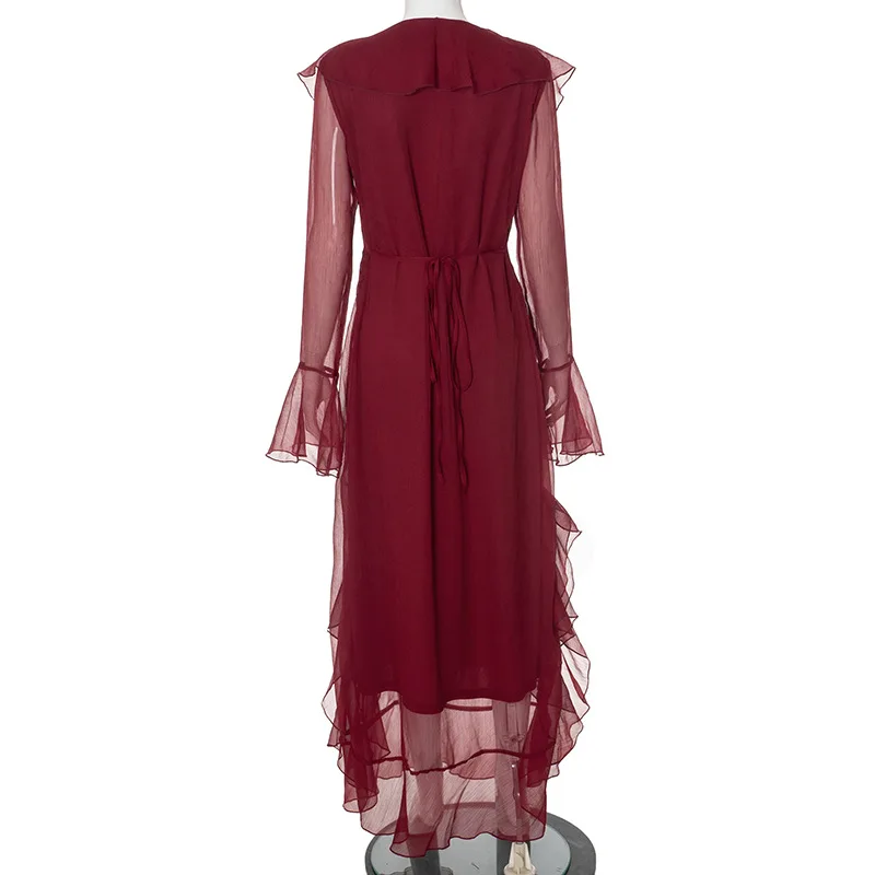 Fashion Mesh Ruffled Long Dress Women's V-Neck Loose High Waist Patchwork Elegant Party Dress Female Autumn Maxi Dress New