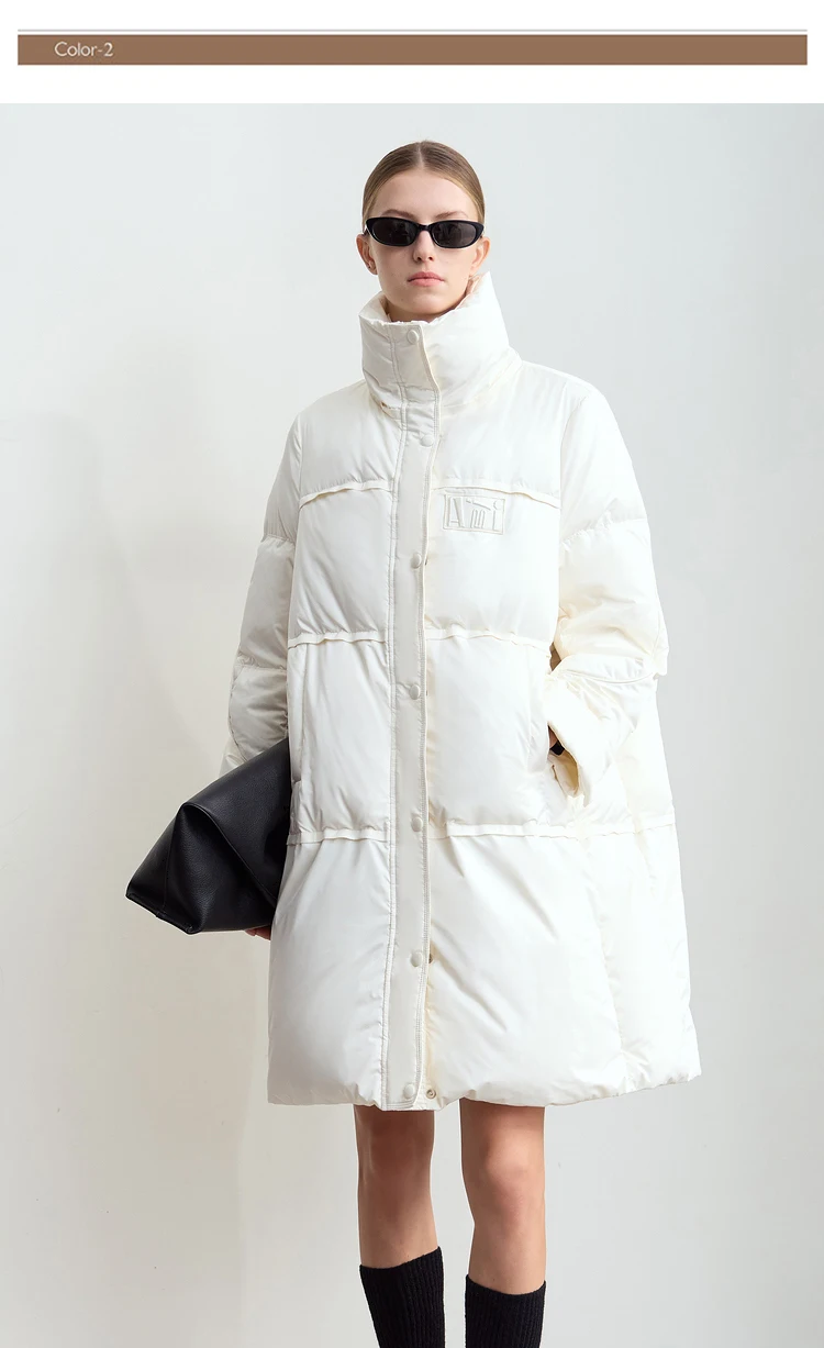 Amii 2024 Winter New Women's Velcro Loose Coat Top Warm Stand-up Collar Letter Embroidered Seal Zipper Down Jacket 12444103