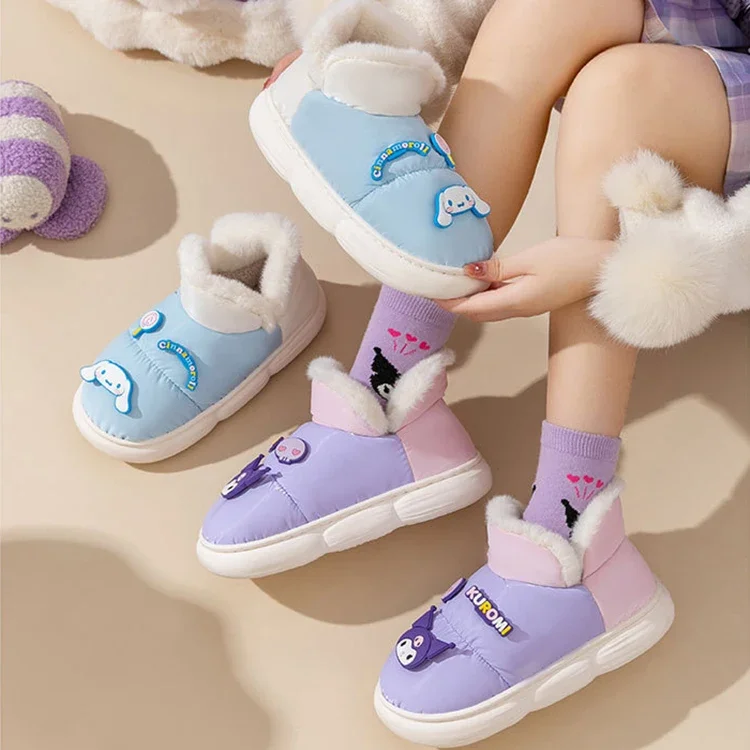 

Sanrios Cinnamoroll Kuromi Мультяшные женские зимние ботинки с круглым носком домашние меховые тапочки Нескользящие мягкие пушистые теплые хлопковые ботинки обувь