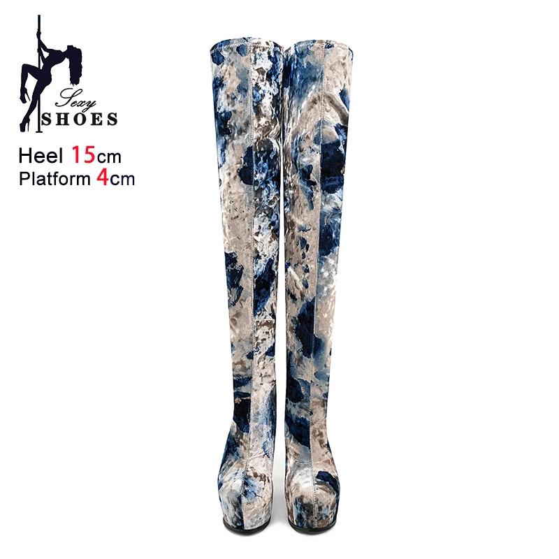 Mixed color Women Platform Stretch Velvet Over-the-knee Sock Boots 15CM Stiletto Heels Sexy Slim Leg Pole Dance Stripper Shoes