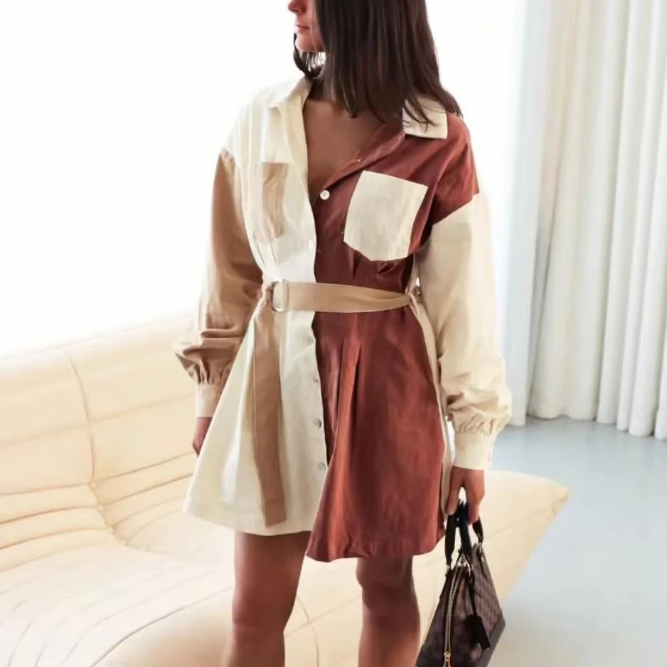 

AYUALIN Casual Lapel High Waist Slim Dresses Autumn 2022 Vintage Long Sleeve Contrast Dress for Women Elegant Boho Mini Vestidos