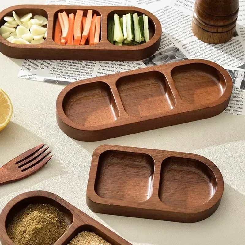 2025 Hot 2/3 Grid Divided Seasoning Dish, Household Solid Wood Snack Dish, Hot Pot Barbecue Three Grid Sauce Dish, Snack Dish