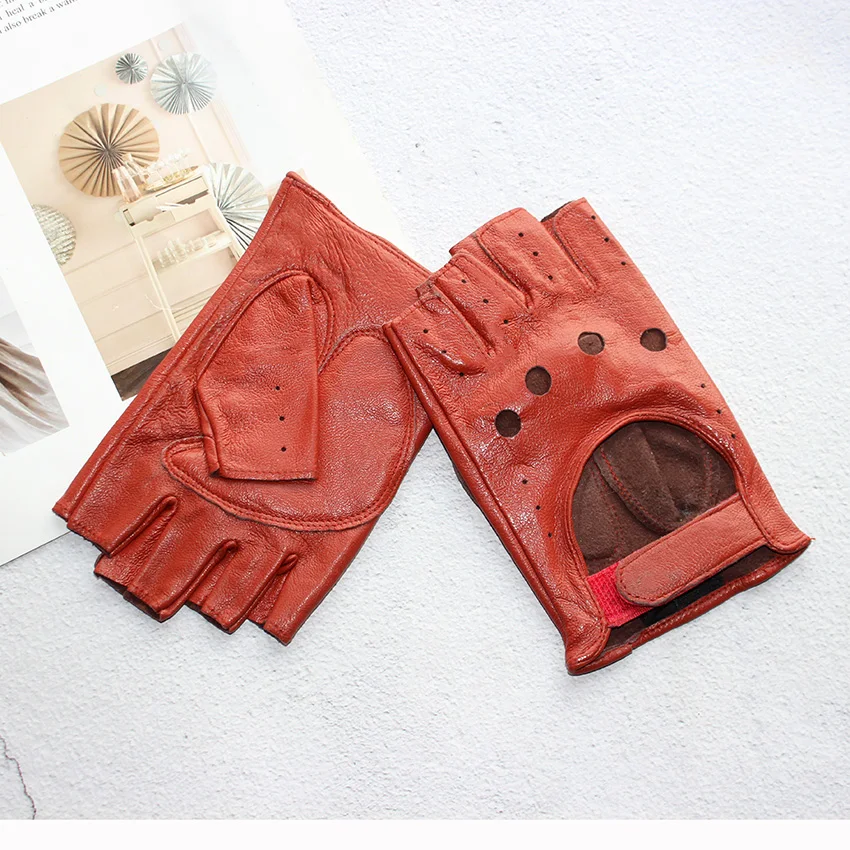 Leather Half Finger Gloves Women's Short Thin Section Unlined Spring and Autumn Motorcycle Riding Ladies Driving Fingerless