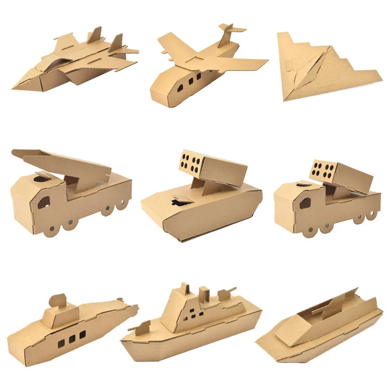 Coloring Kindergarten Model Toy DIY Handmade Cardboard Shell Carton Assembly Tank Car Airplane Children Card Model Building Sets