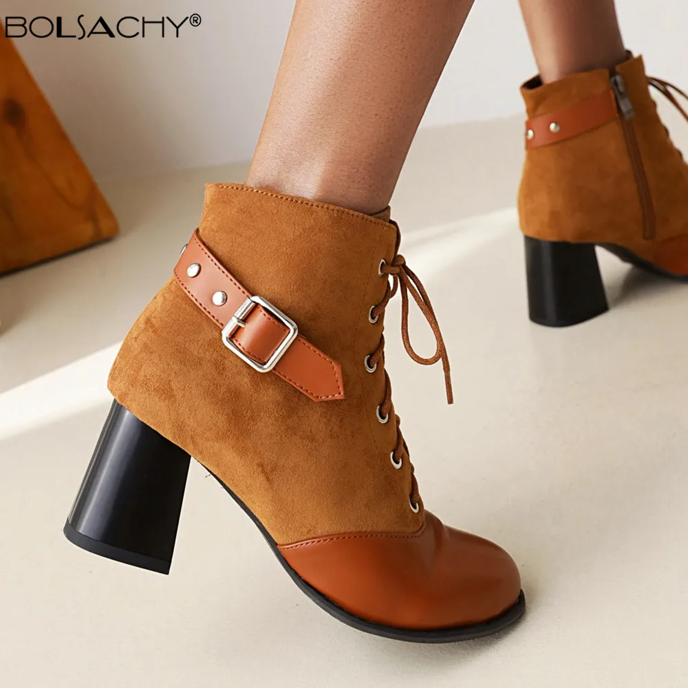 

Thick High Heel Ankle Boots Women 2022 Round Toe Elegant Lace-up Short Booties Ladies Ankle Buckle Decoration Black Yellow 32-43