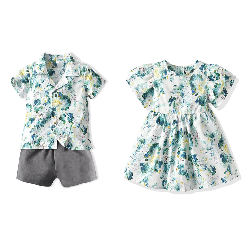 top and top Brother and Sister Matching Clothes Sets Casual Flower Print Boys Clothing Set+Puff Sleeve Princess Dress Outfit