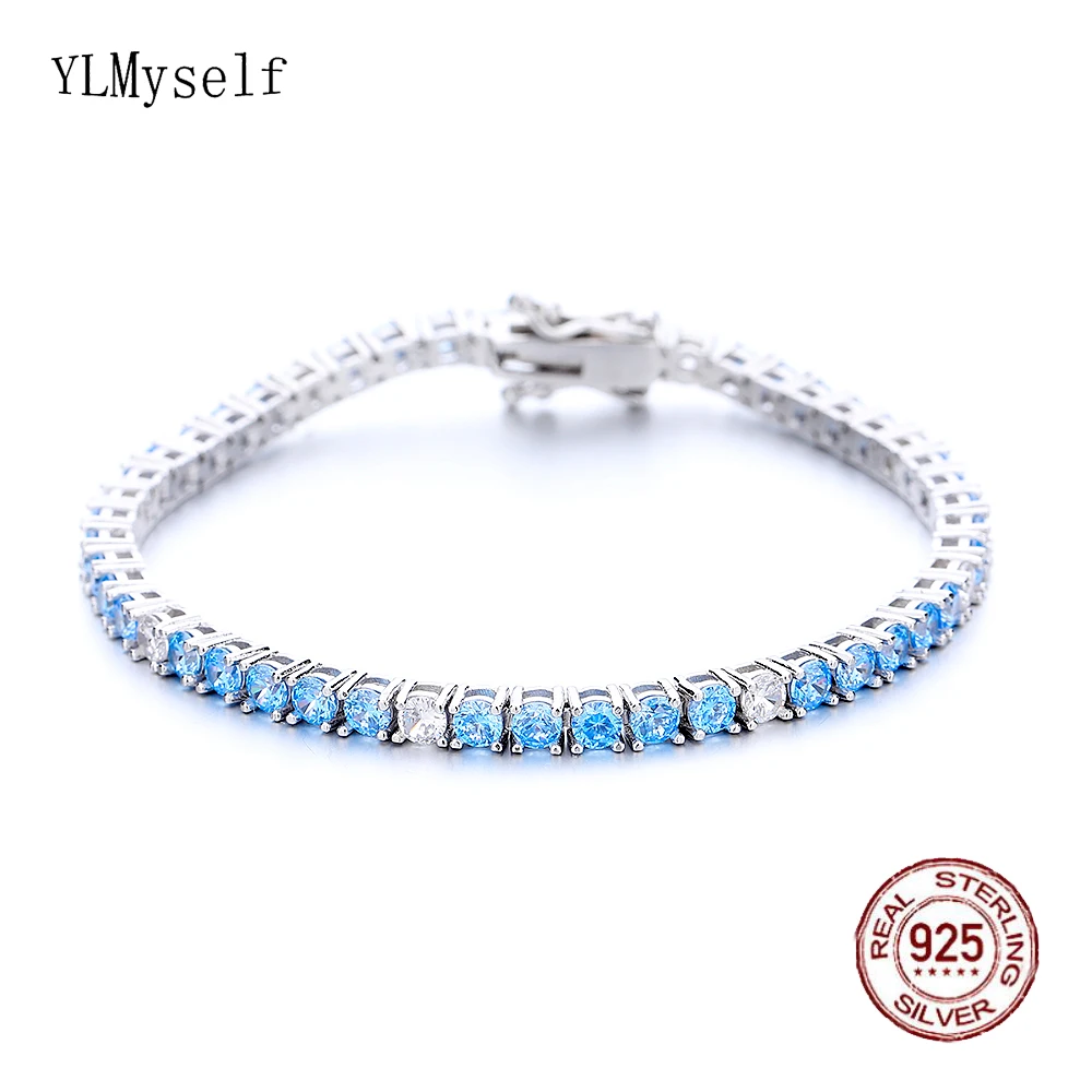 925 Sterling Silver Tennis Bracelet – 3mm Aquamarine Blue with
