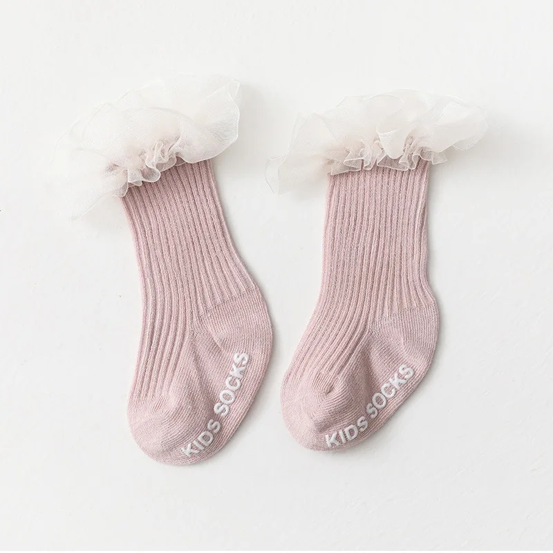 Newborn Baby Socks Infant Kids Knee High Ruffle Girls Sock Toddler Anti Slip Cotton Infant Long Frilly Lace Socks For 0-3Years