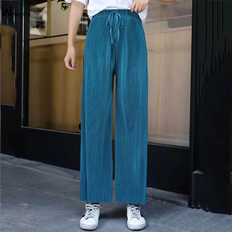 

Casual Thin Stripe Sashes Baggy Pantalones Ankle Length Elastic Waist Straight Pants 2022 Summer Ice Silk Wide Leg Pants Women