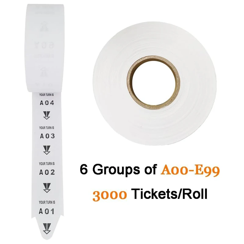 2-Digit Take-A-Number Tickets Turn-O-Matic-3000 Tickets/Roll For K-T Ticket Dispenser 6 Groups Queue Number From A01-E99 White