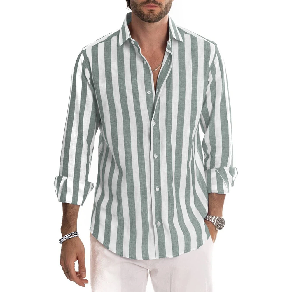 

Shirt Tops Lapel Long Sleeve Retro Slight Stretch Striped Shirts Vintage Button Down For Vacation Striped Tops