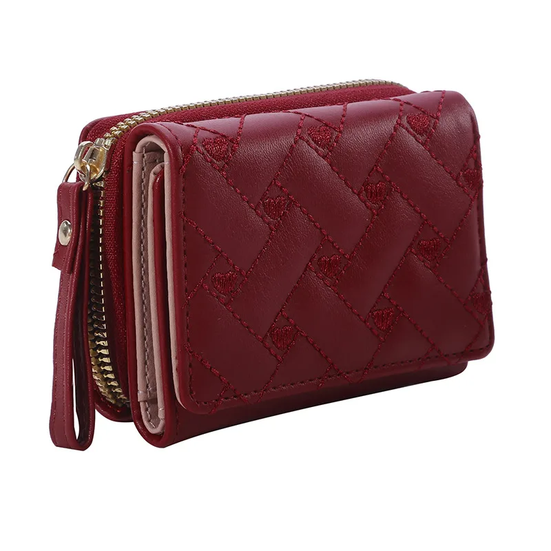 Women Wallet For PU Leather Fashion Embroidered Love Tri-fold Small Wallet Card Holder Multi-card Slot Coin Purses Interior Pink 6