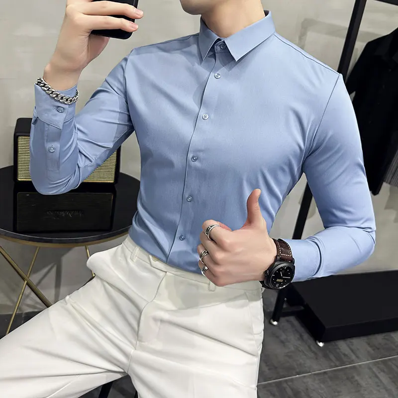 

Four Season Solid Long Sleeve Shirt Men Slim Fit Social Casual Seamless White Tuxedo Shirts