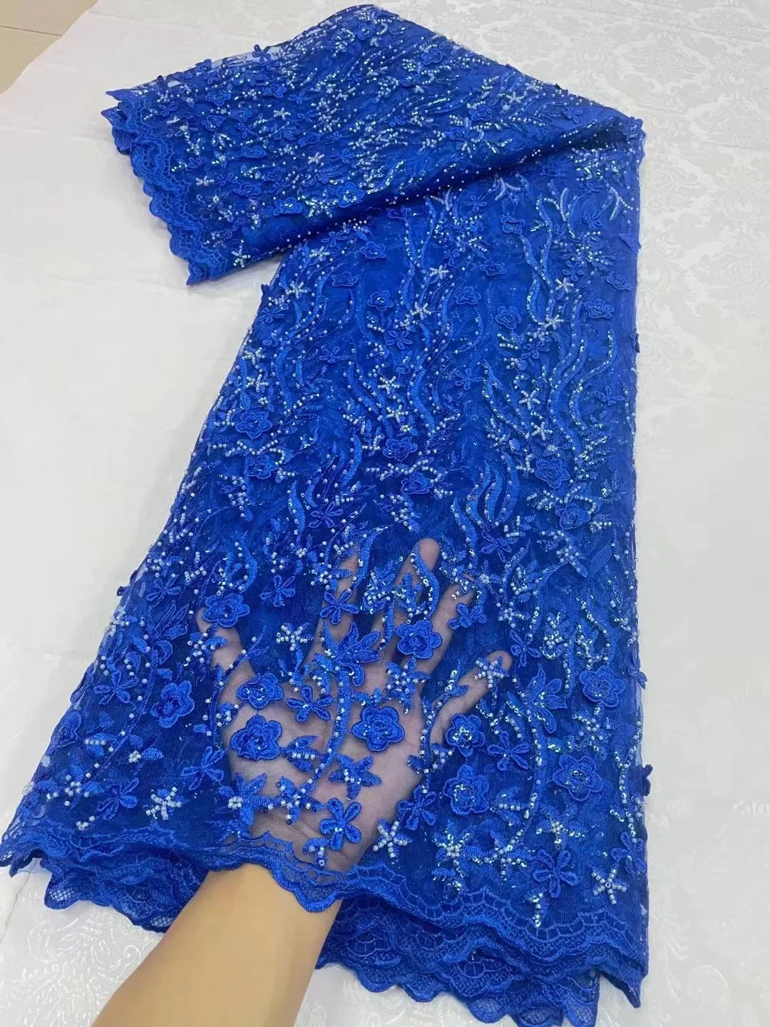 

RoyalBlue Luxury African Heavy Beaded Lace Fabric High Quality 5 Yards Nigerian Sequins Tulle 3D Fabric Material For Wedding
