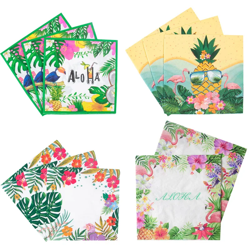 HawaiianPartyPaperNapkinsTropicalPalmLeafFlowersFlamingoPrint