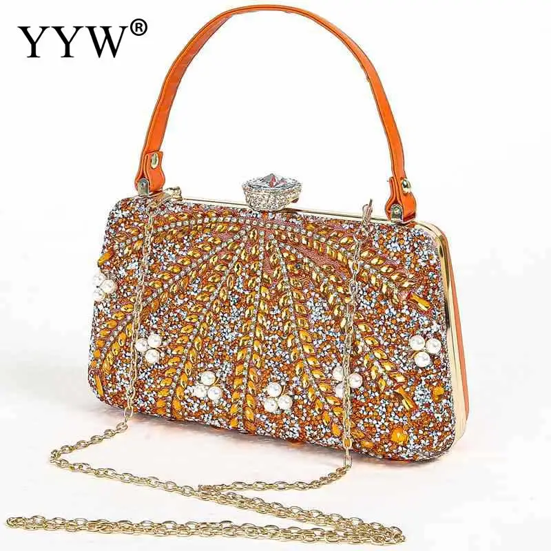 Luxury Rhinestone Beads Female Clutch Bag Soft PU Leather Grips Pearl Sequins Diamond Evening Tote Wallet Purse Crossbody Chain