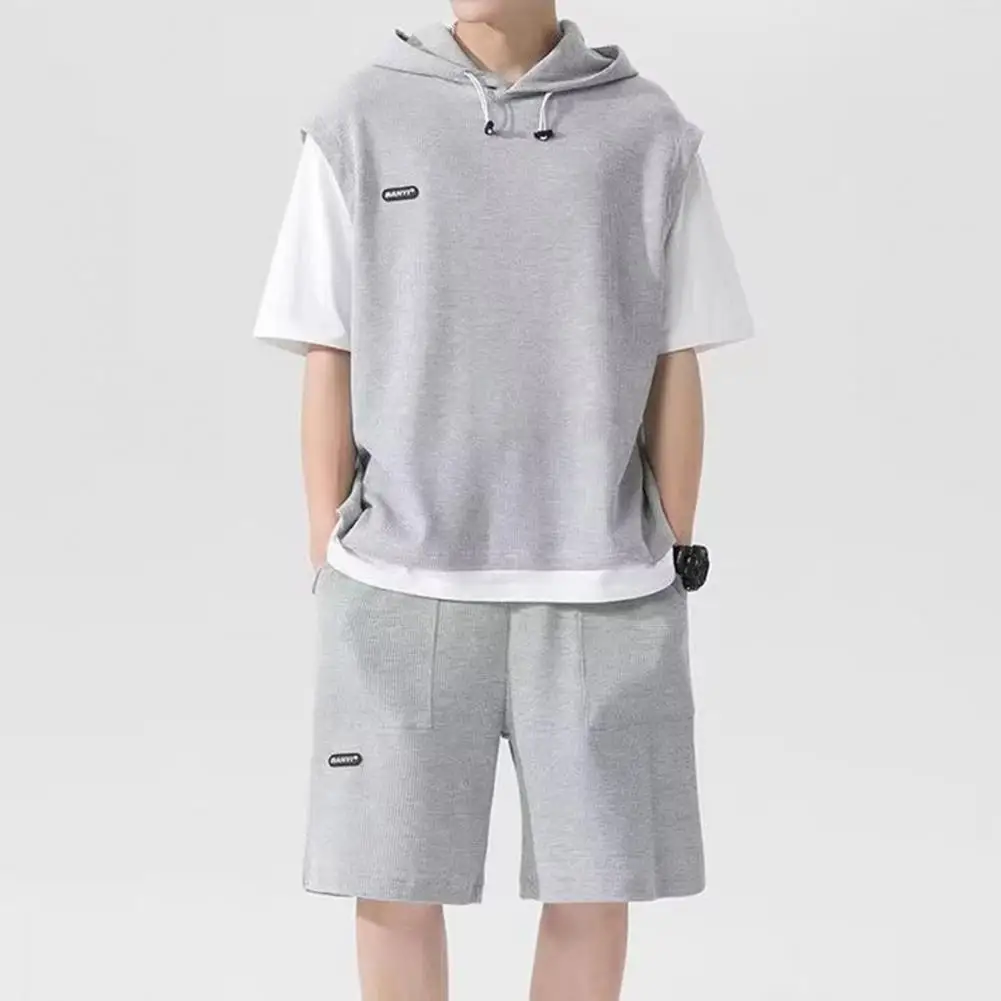 

Modern Waffle Fabric Sportwear Men's Casual Sport Outfit Set with Hooded Drawstring Top Elastic Waist Shorts Waffle for Active