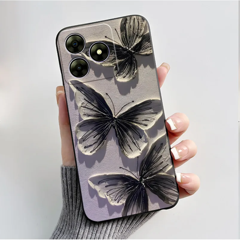 Cute Flower Cartoon Printed Soft Silicone Phone Case — Black Shell Cover