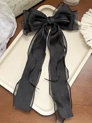 Elegant Pink Lace Bow Hair Clip with Long Tail Ribbon - Perfect for Weddings, Proms, and Special Occasions (1Pcs Black)