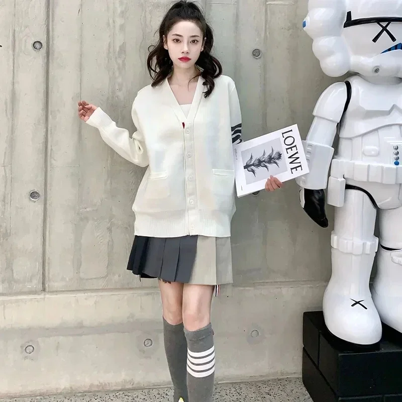 2023 스트라이프 TB 암밴드 V넥 코튼 가디건, 여성 스웨터, 5 버튼 캐주얼 코트, 가을 겨울, 신상 패션