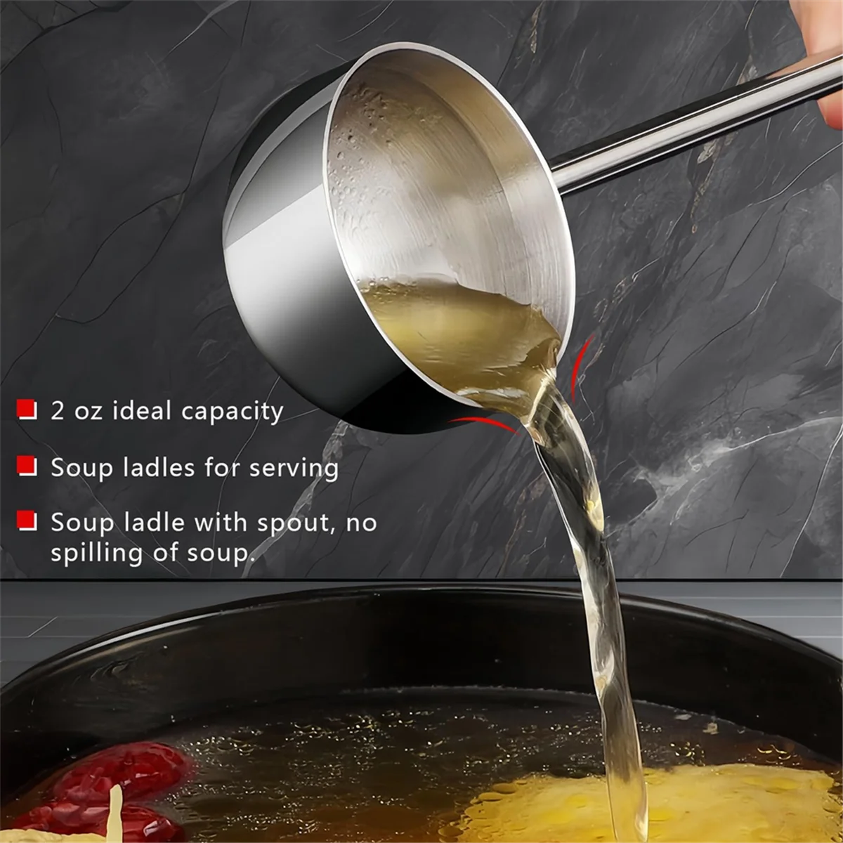 Small Soup Ladle Stainless Steel Metal Deep Spoon with Pour Spout 2Oz Long Handle Ladles for Kitchen 2 Pack